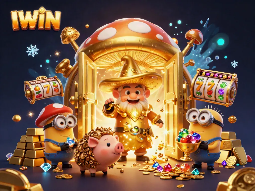 IWIN casino illustration showcasing a golden wizard and treasure elements featuring dynamic slot games.