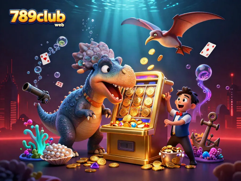 Engage with 789club web's thrilling potential as a dinosaur hits the jackpot in an underwater casino setting.