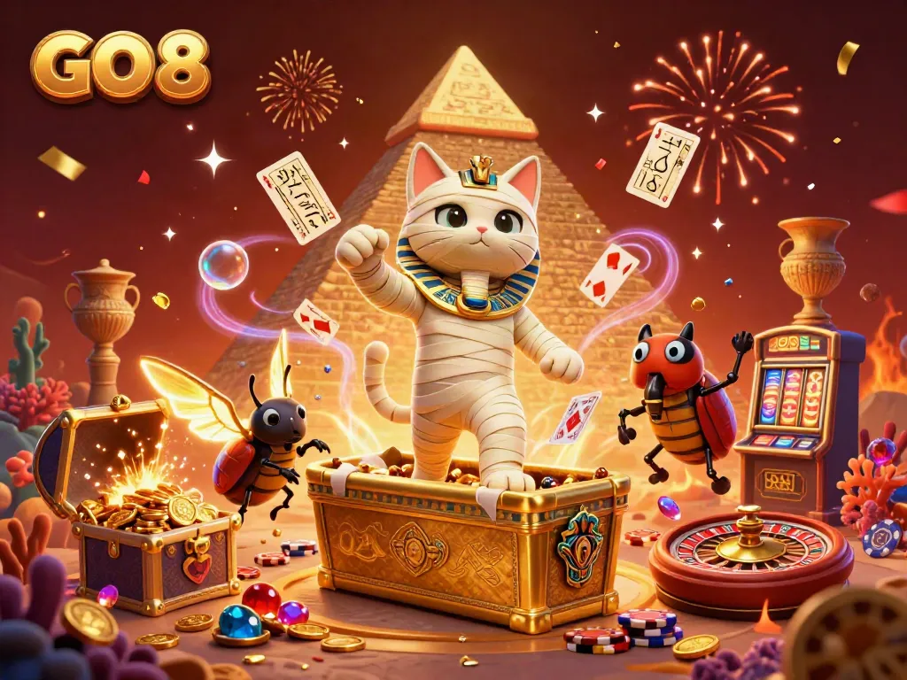Experience GO 8 casino excitement with the lively Egyptian mummy cat and golden treasures in action.