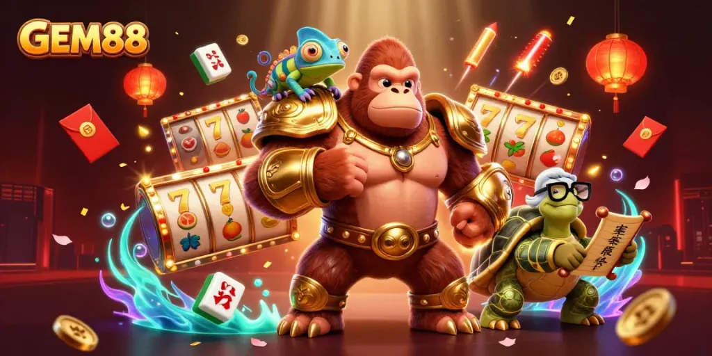 Experience the excitement of GEM88, where a golden gorilla king leads a colorful adventure in online gaming.