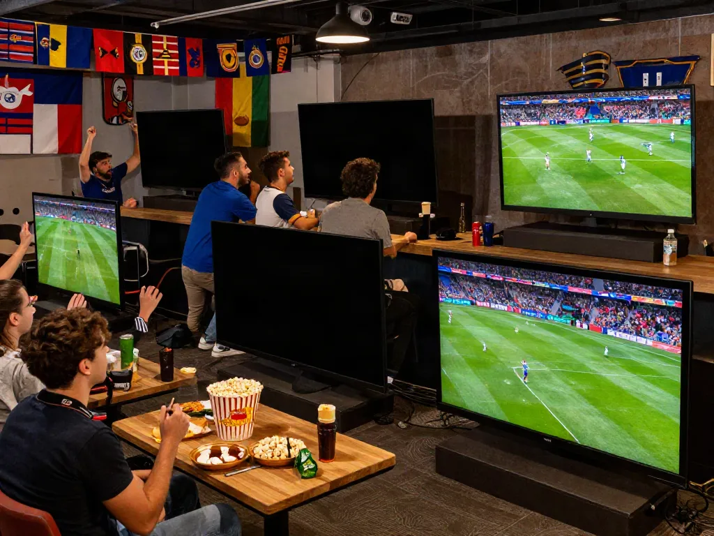 Fans enjoying a live football match on Gavangtv, showcasing excitement and engagement in a vibrant lounge setting.
