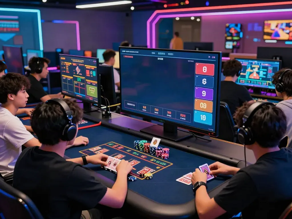 Enthusiastic players enjoying 9bet.com live casino games in a vibrant setting, showcasing excitement and community.