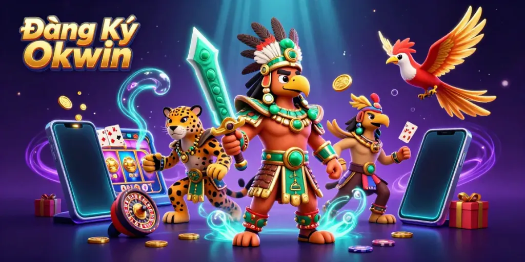 Experience the thrill of Đăng Ký Okwin with vibrant casino action and immersive 3D illustration of a warrior and gaming elements.
