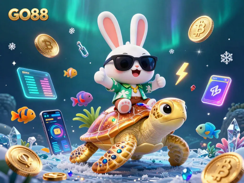 Spin to win with GO88 in a vibrant scene featuring a lucky rabbit and a golden sea turtle