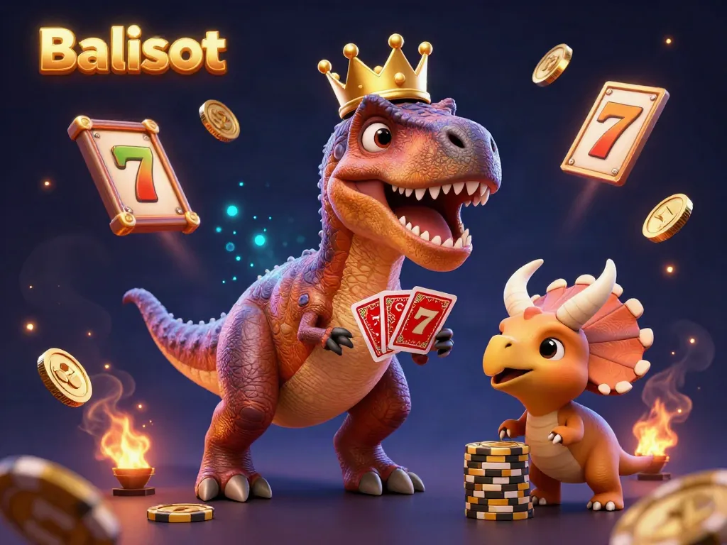 Balislot features a friendly T-Rex juggling cards, assisted by a pterodactyl, surrounded by rich slot game elements.