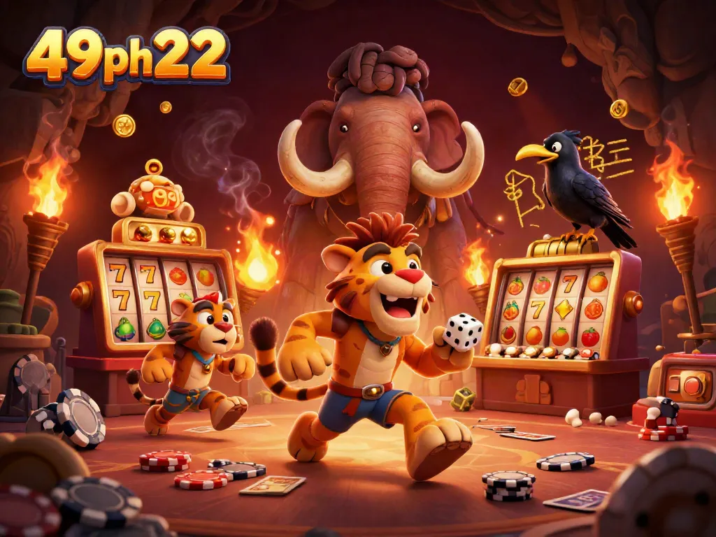 Experience thrilling gameplay at 49ph222 with a vibrant illustration of a prehistoric casino scene.