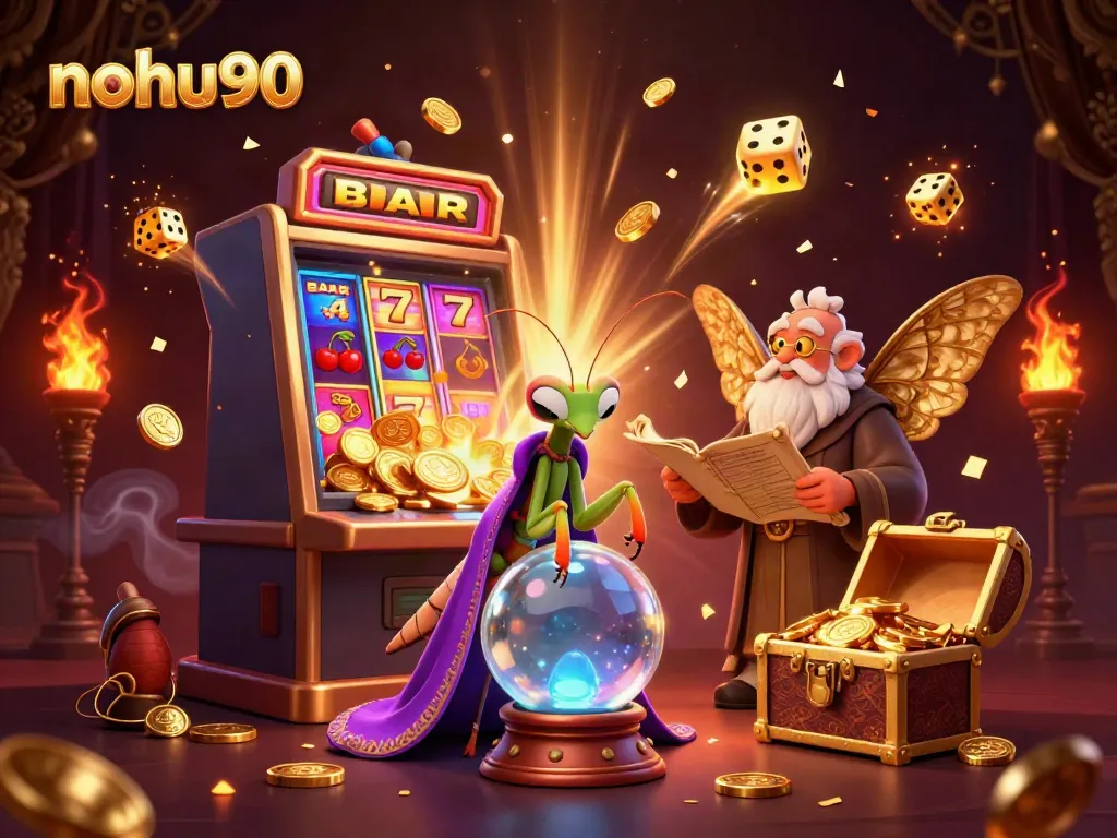 Experience the magic of nohu90 with a vibrant casino scene featuring fortune tellers, slots, and more.