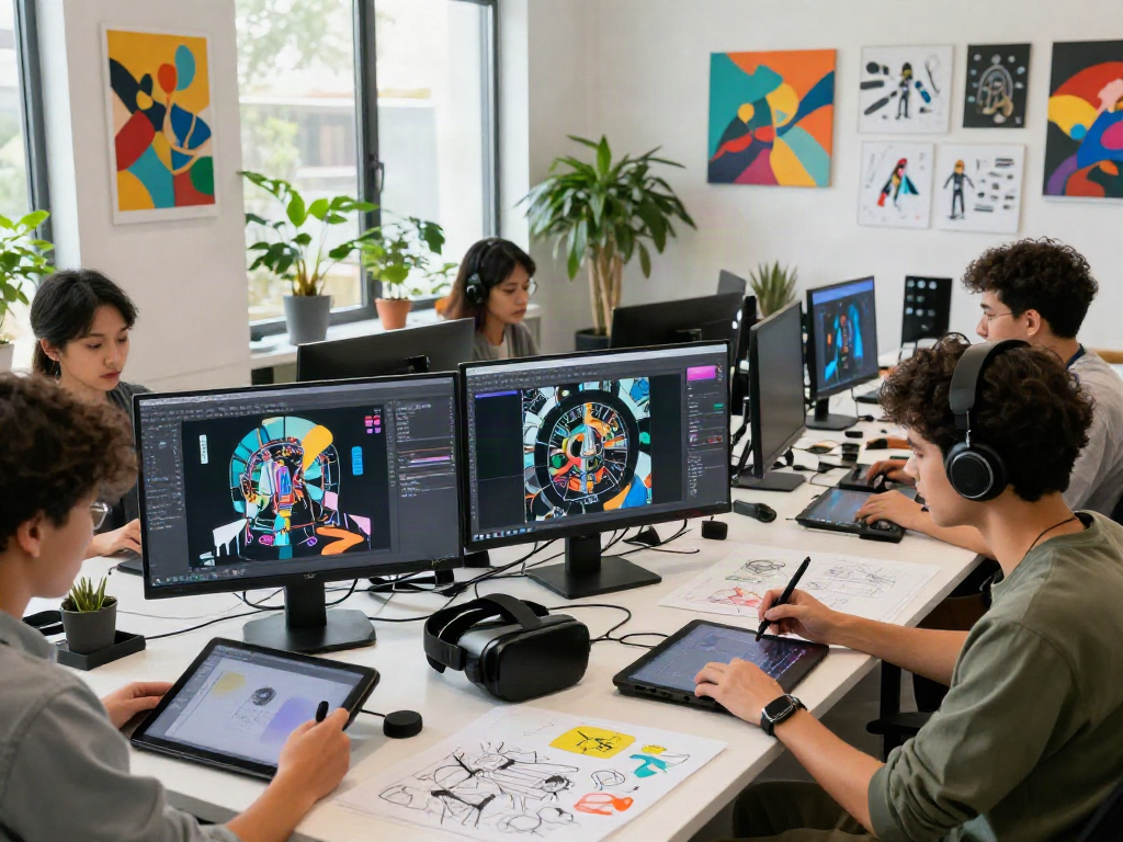 Creative team collaborating on nsfw ai design in a vibrant digital art studio.