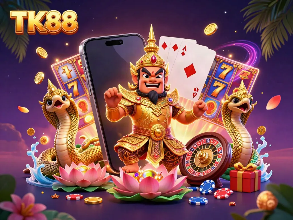 Experience TK88 with vibrant slot game characters and dynamic casino elements