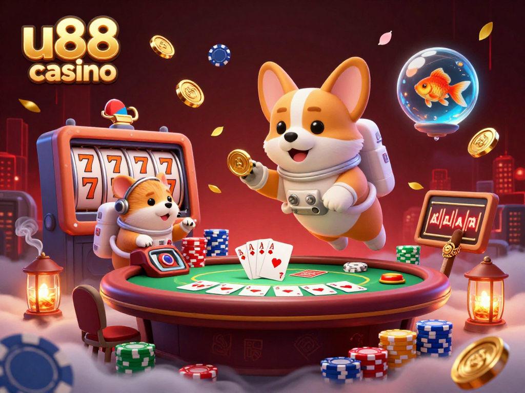 Experience high-stakes fun at u88 casino, where the excitement of floating poker chips meets thrilling slot reels and lively characters!