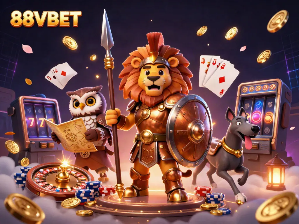 Bet on 88VBET with a dynamic casino scene featuring a Spartan lion, owl strategist, and greyhound.