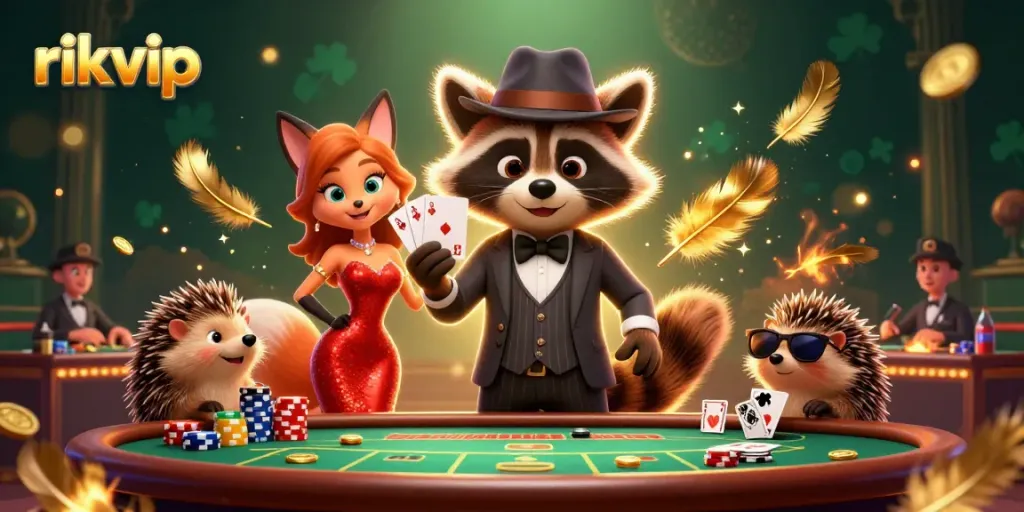 Experience poker action with raccoon, fox, and hedgehog characters at rikvip's thrilling gaming scene.