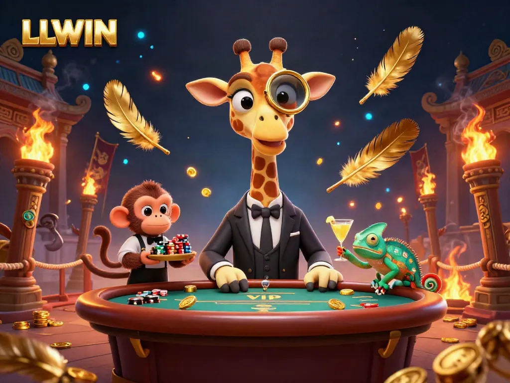 Engage in thrilling gameplay with LLWIN's vibrant 3D illustration showcasing a high-roller giraffe in a casino setting.