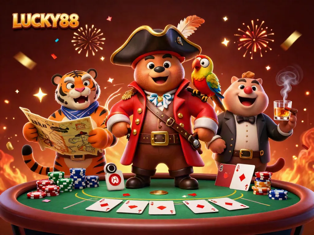 LUCKY88 showcases a vibrant casino scene featuring a bear pirate captain, a fierce tiger, and colorful poker elements.
