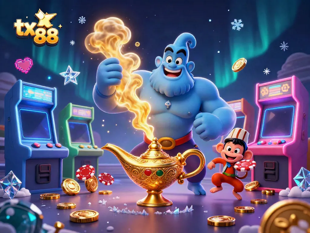 Join the excitement at tx 88 with a dynamic scene showcasing a genie, monkey, and poker chips amidst sparkling game elements.