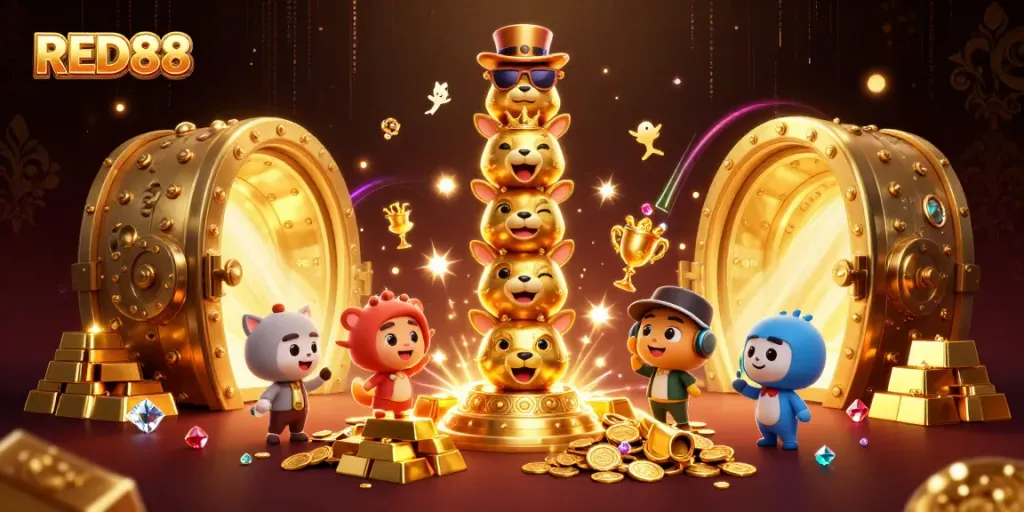 Experience the thrill of RED88 with a vibrant 3D casino illustration featuring joyful totem characters and treasures.
