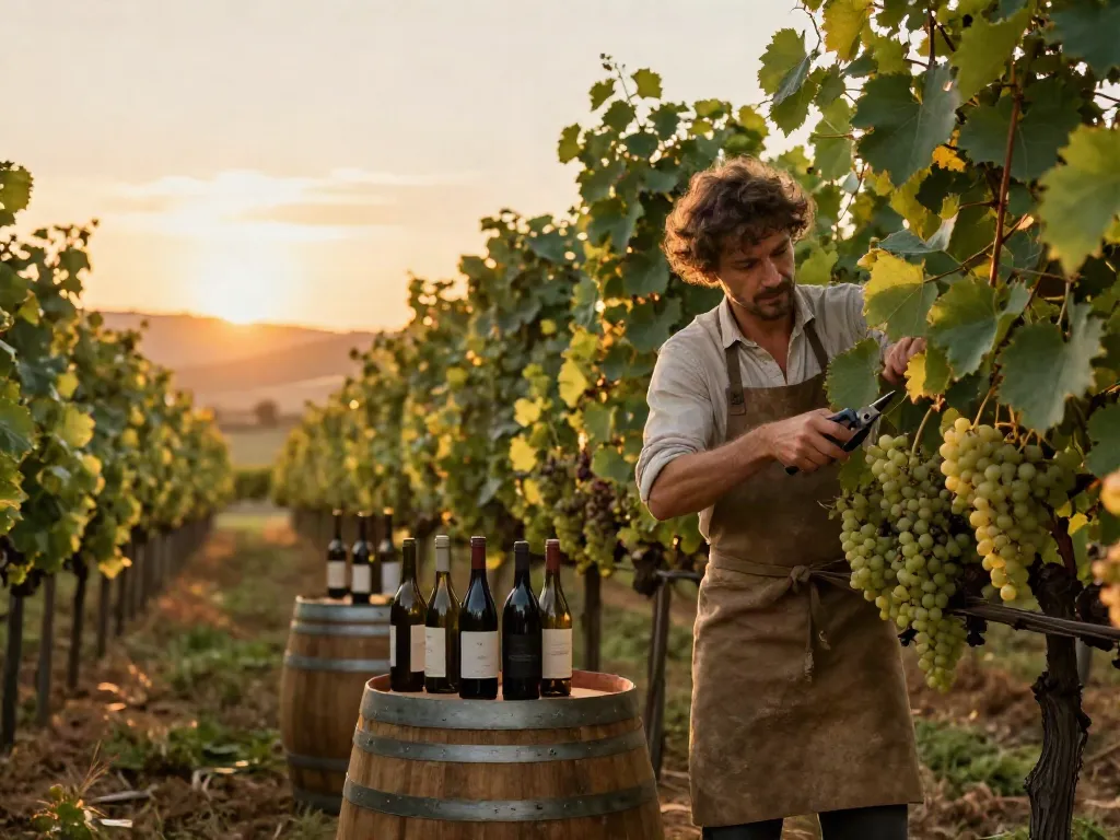 Winemaker in a vineyard during sunset, showcasing avpwinecollective.com wine traditions.