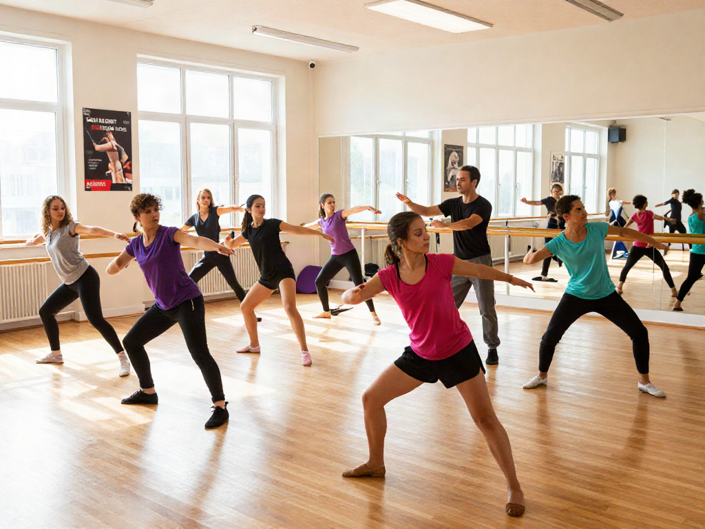 Dancers rehearsing at kineticsynergydancecompany.com in a bright studio, showcasing energy and teamwork.