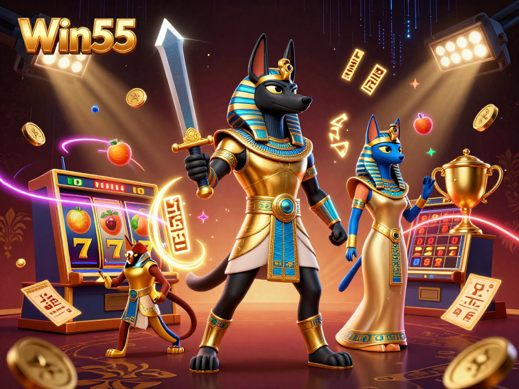 Win55 showcases exciting slot machines alongside Anubis in an electrifying casino scene.
