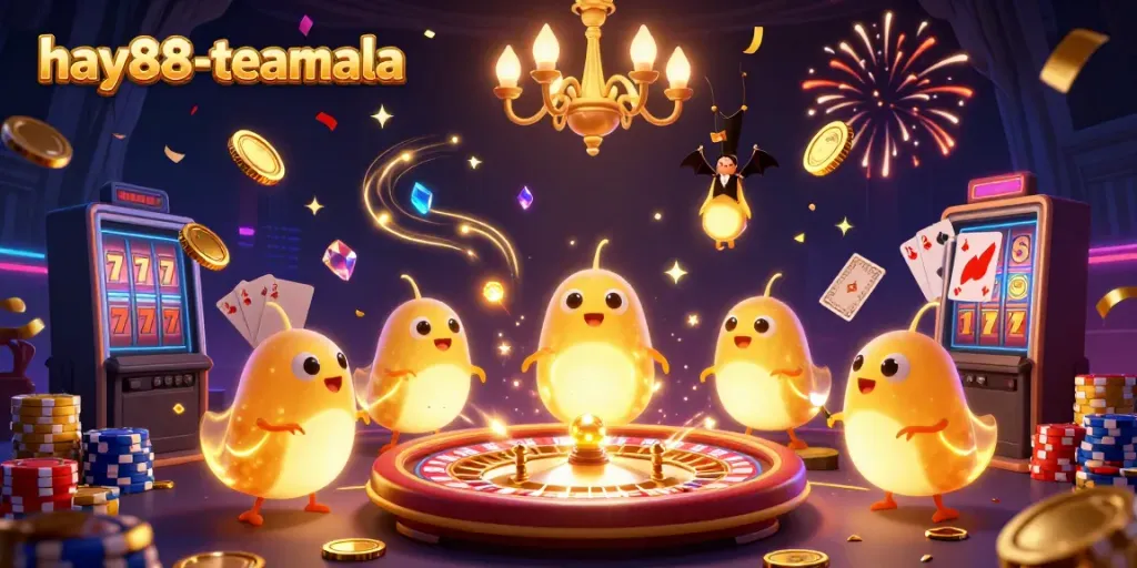 Experience the vibrant atmosphere of hay88-teamala in a 3D casino illustration with lively glowworms and dynamic game elements.