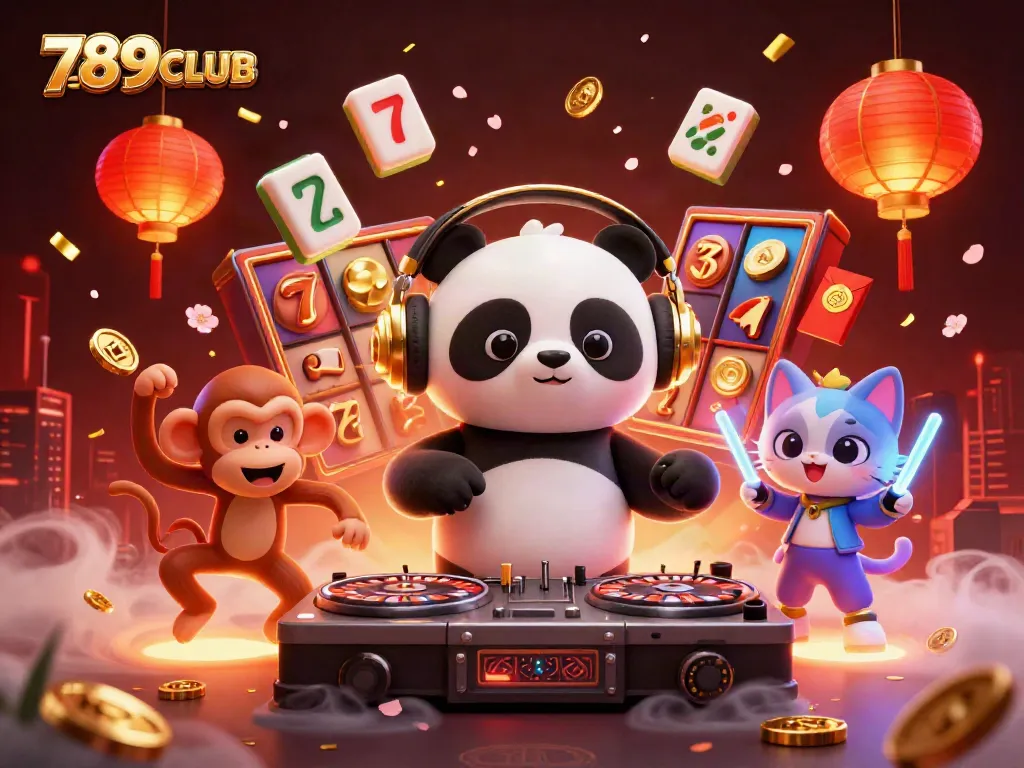 Engage with 789CLUB’s vibrant casino atmosphere showcasing a DJ panda and lively characters in decorative settings.