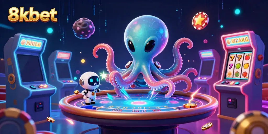 Engage in thrilling poker gameplay with 8xbet's vibrant casino-themed digital illustration.