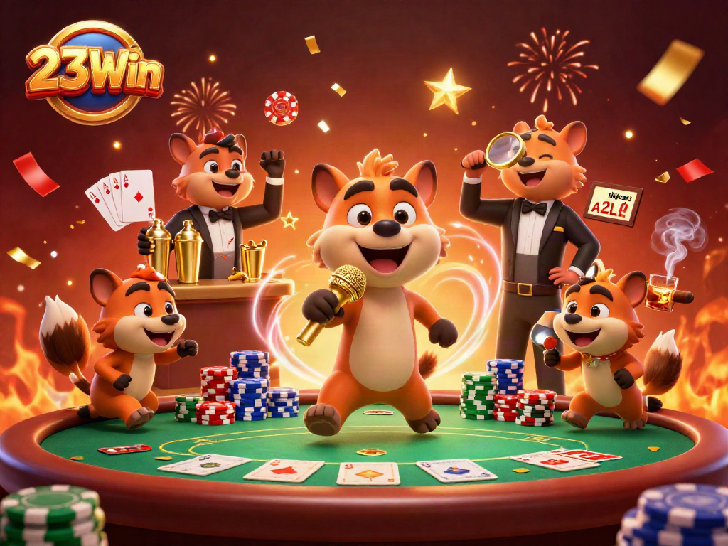 Experience the thrill of 23Win with hyenas at a vibrant casino, featuring stand-up comedy, drinks, and poker action.