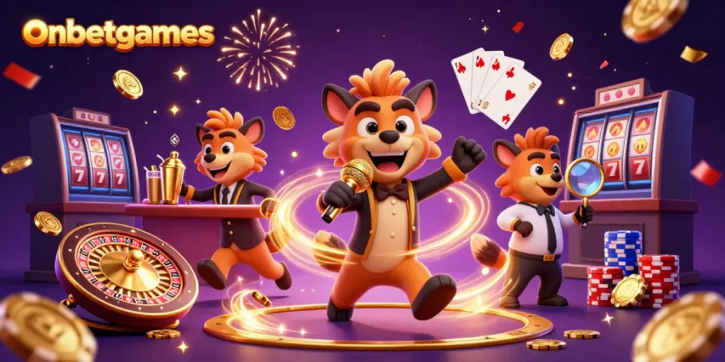 Laugh with onbetgames at this vibrant comedy casino scene featuring playful hyenas.