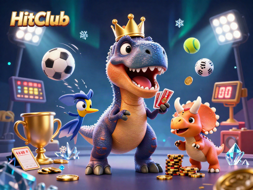 HitClub showcases an energetic T-Rex, pterodactyl, and triceratops in a dynamic casino scene.