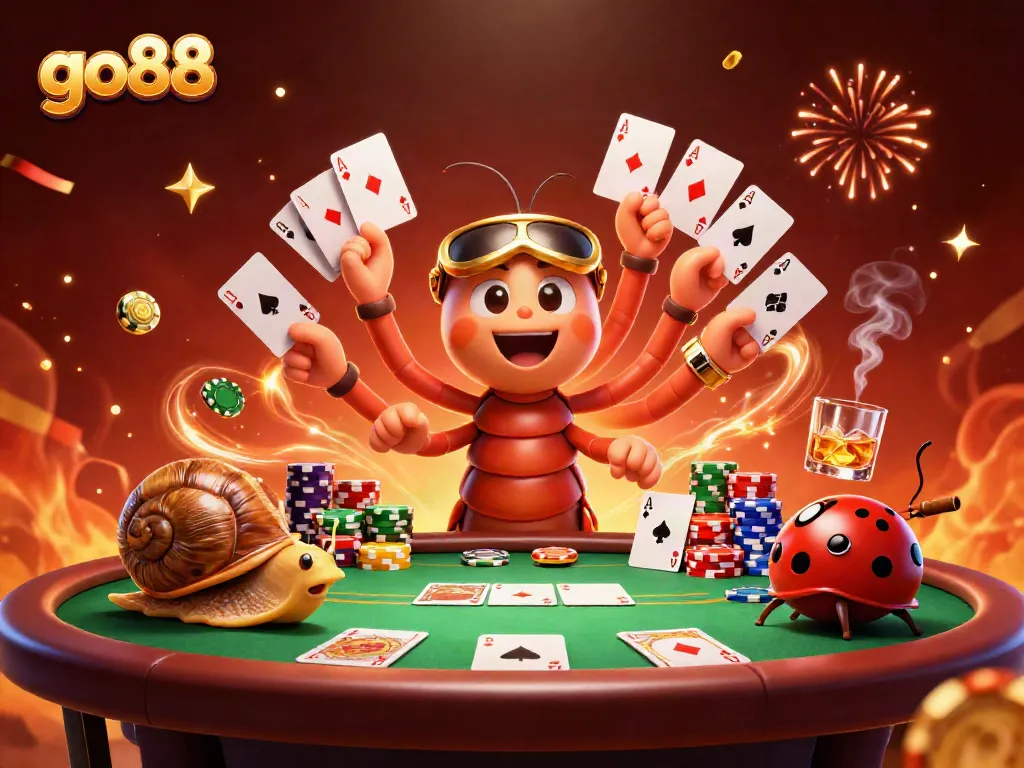 Engage in thrilling gameplay at go88 featuring a vibrant 3D casino scene with a millipede dealer and colorful poker elements.