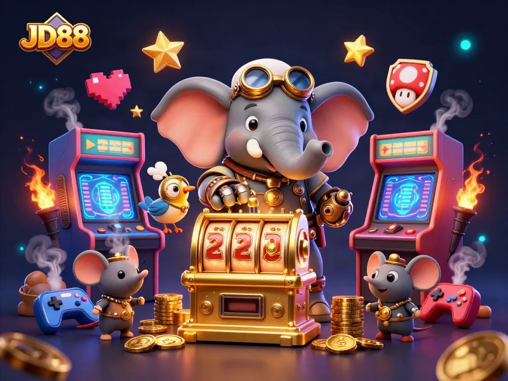 Engage with JD88's thrilling slot machine action led by a steampunk elephant engineer in a lively casino scene.