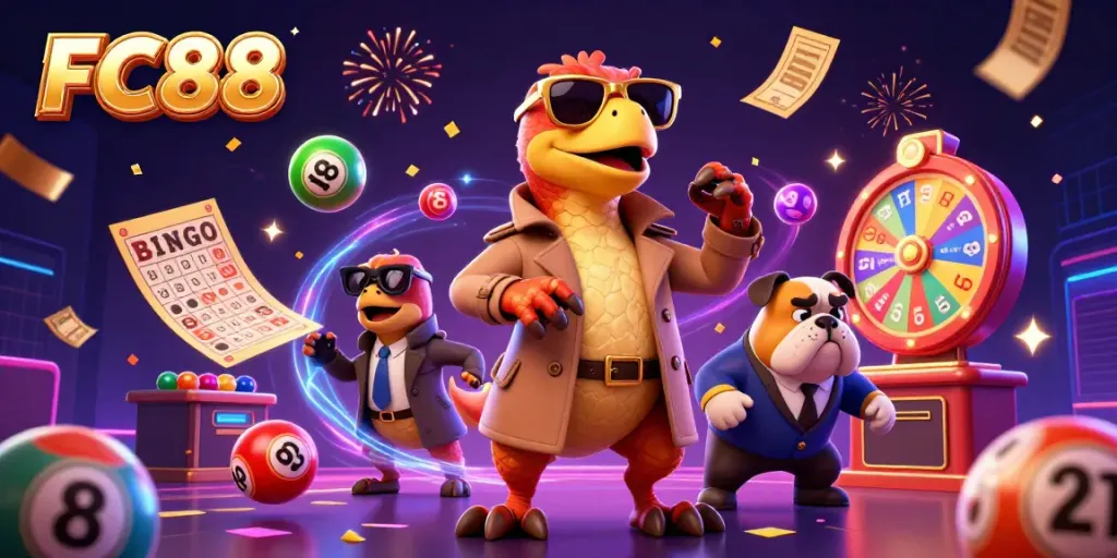 Experience the vibrant and dynamic world of FC88, featuring raptors in disguise at a casino lounge.