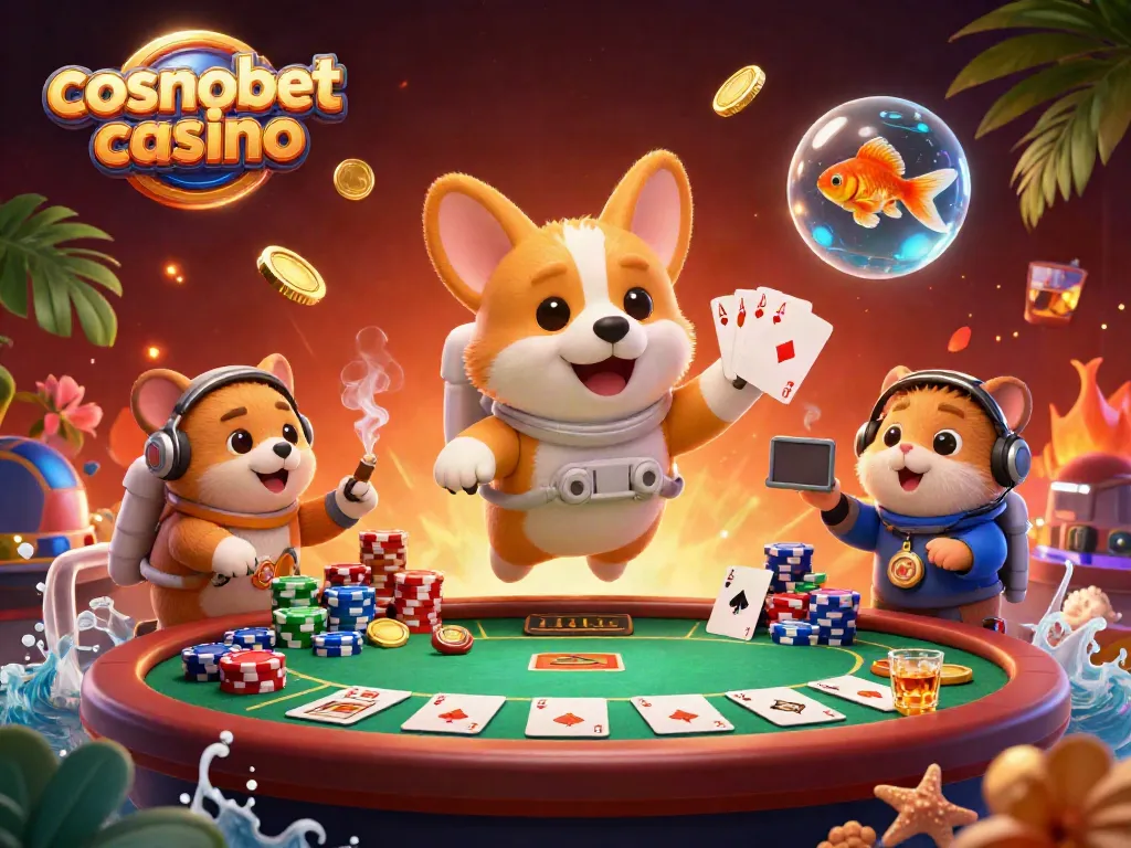 Experience the thrill of cosmobet casino with an astronaut corgi in a vibrant space station casino scene.