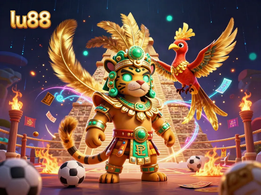 Win big at lu88 with vibrant sports betting arena featuring dynamic game elements and Mayan themes.