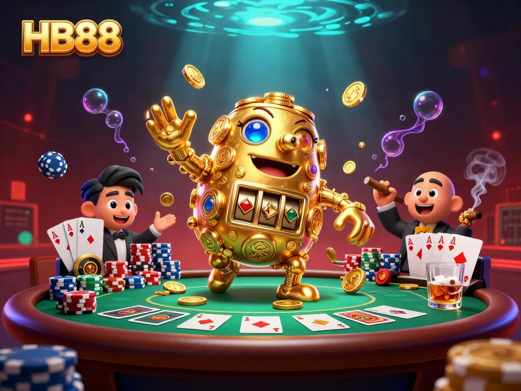 Experience thrilling gameplay at HB88 with a dynamic scene of a golden golem and poker elements.