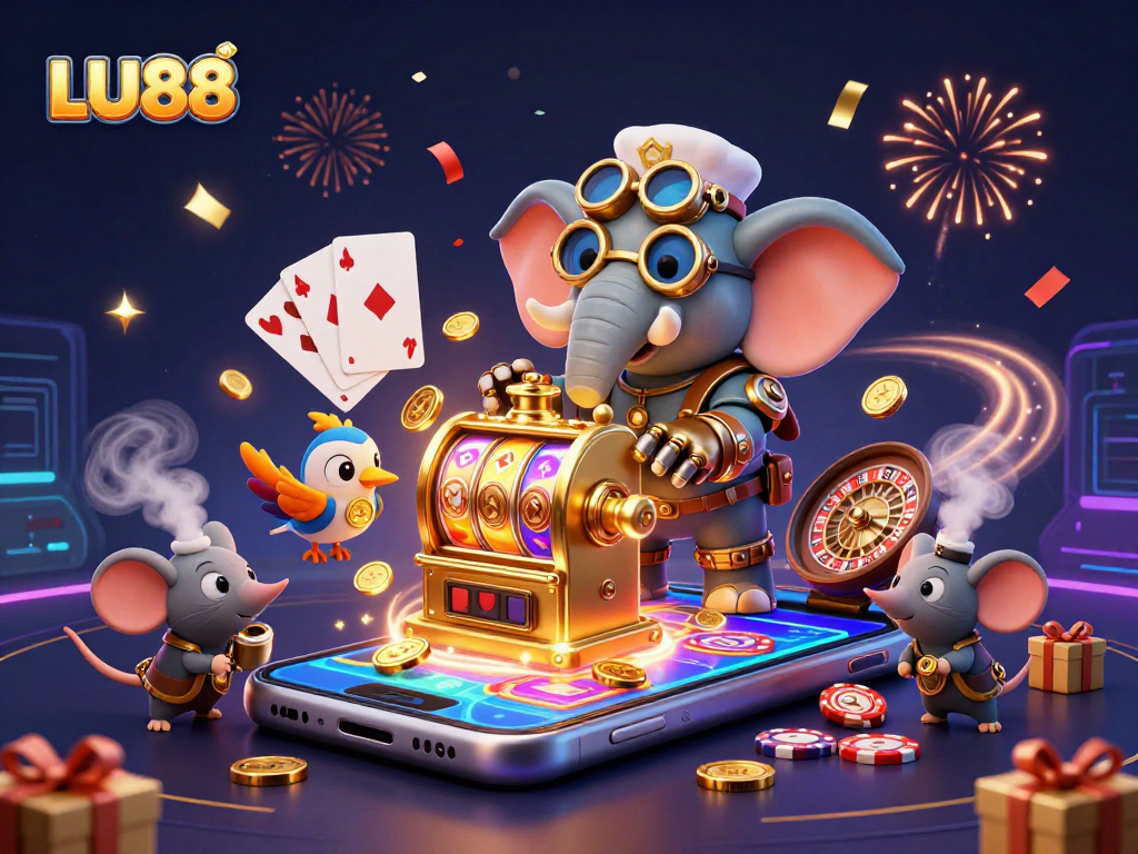 LU88 players engaging with a fantasy slot machine surrounded by colorful game elements