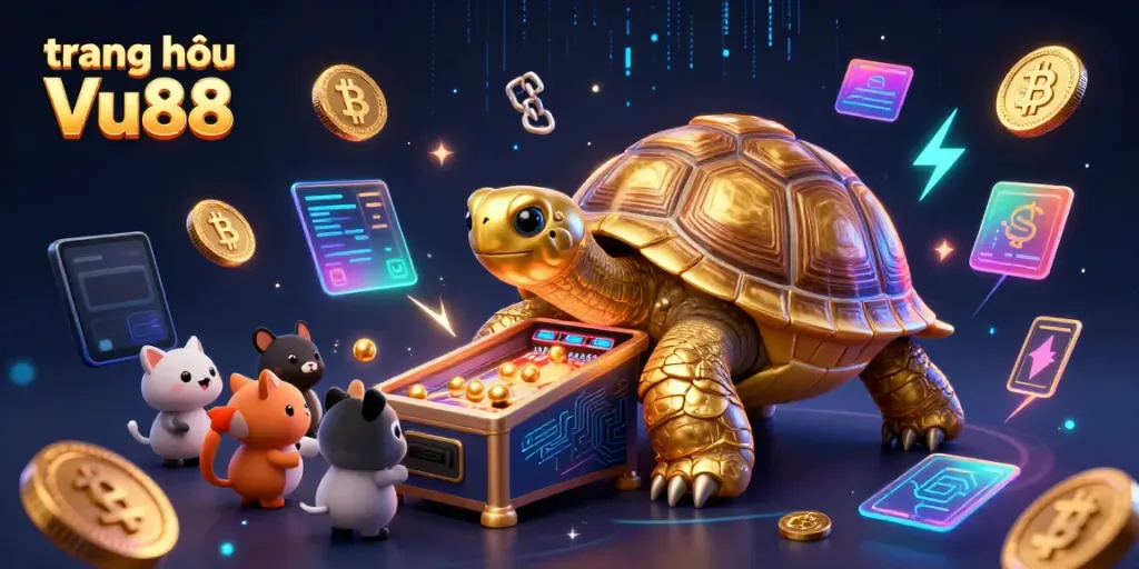 Experience excitement at trang chủ Vu88 with the golden tortoise pinball machine, surrounded by crypto-themed games.