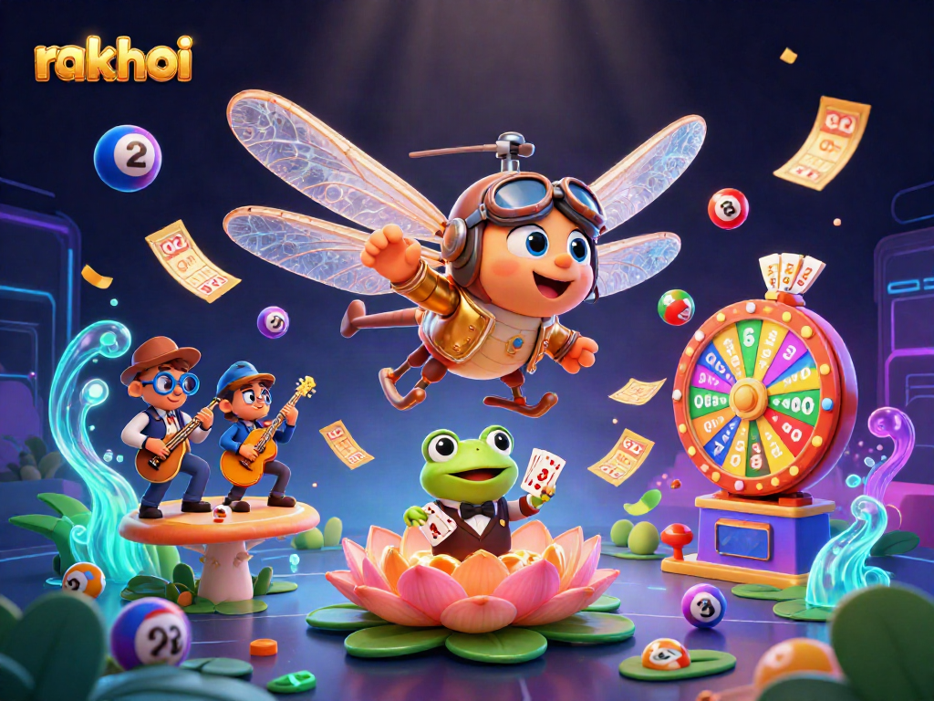 Engage with the vibrant rakhoi gaming scene featuring a dragonfly pilot, frog dealer, and lively cricket musicians.