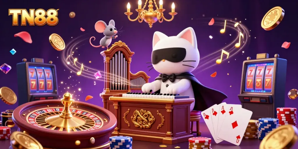 Engage in the vibrant casino atmosphere with TN88, highlighted by a captivating phantom cat and dynamic game elements.