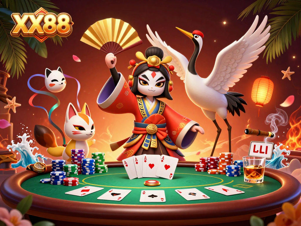 Join the excitement at XX88 with a lively poker scene featuring kabuki warriors and vibrant elements.
