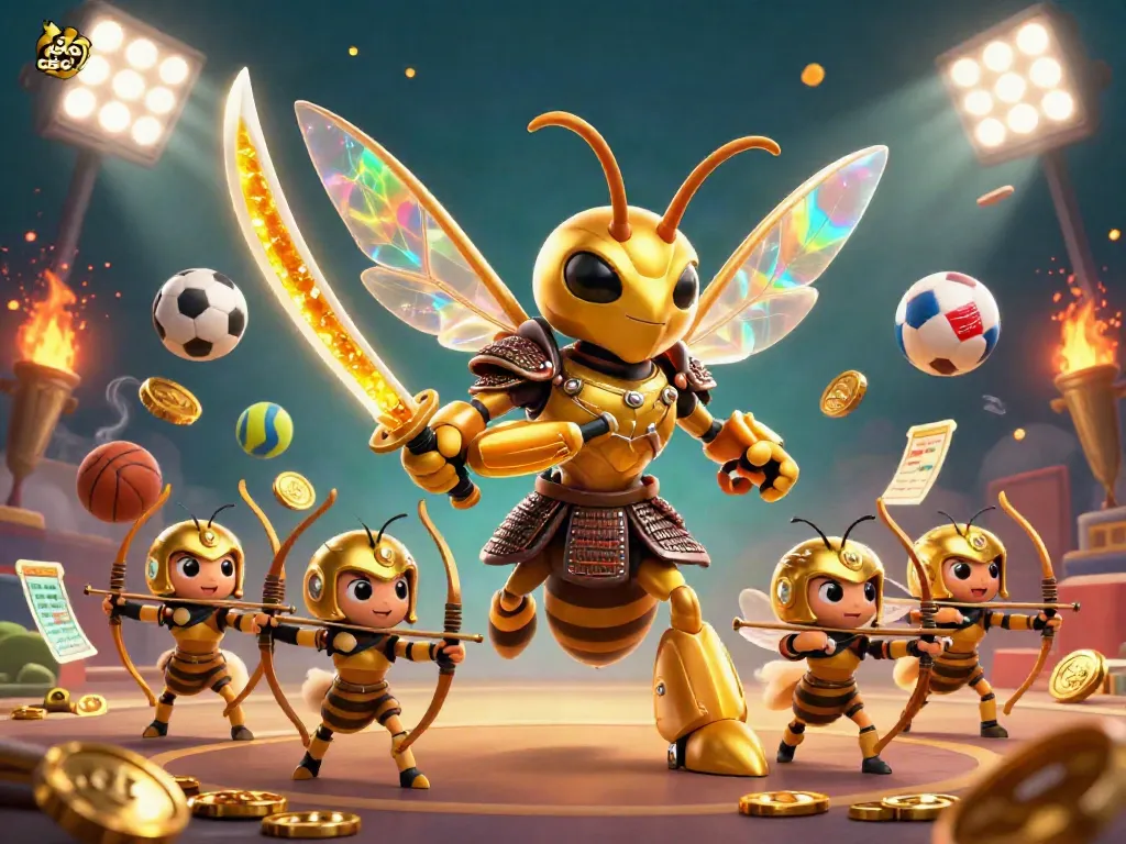 Engage in kèo nhà cái with a dynamic 3D scene featuring a golden hornet and sports elements.
