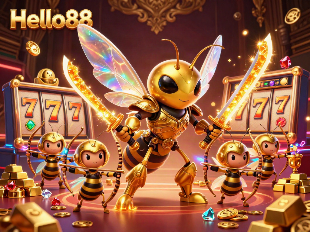 Hello88 showcases a vibrant 3D casino adventure with a golden hornet samurai, celebrating winning strategies.