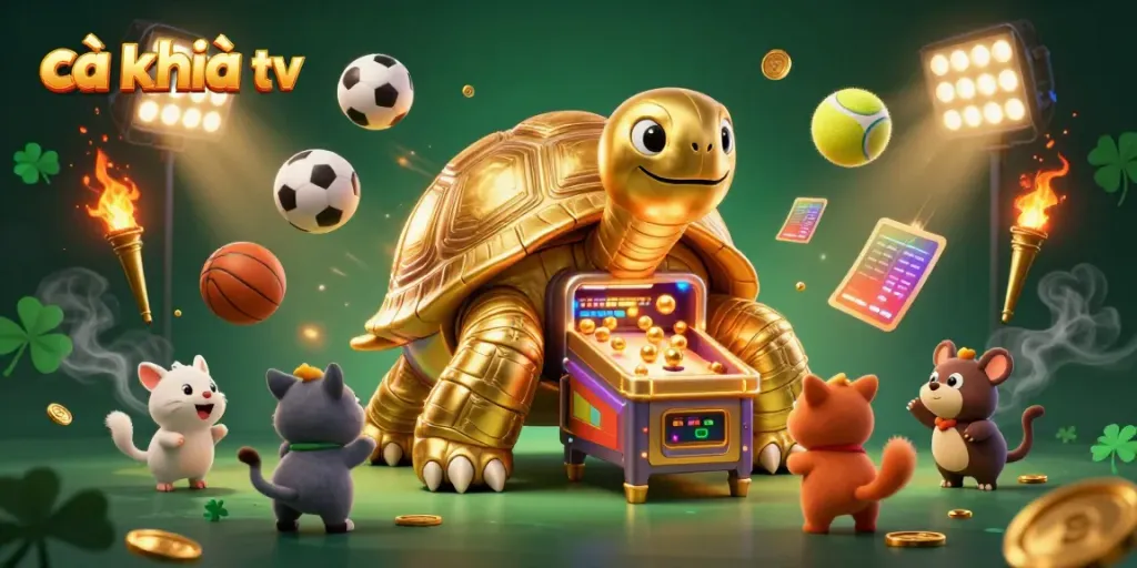 Join the excitement of cà khịa tv with a dynamic casino scene featuring a colossal tortoise pinball machine and flying sports balls.