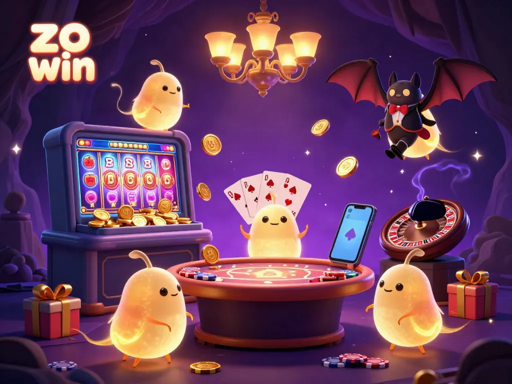 Experience excitement with zo win in a vibrant casino cave illuminated by glowworms and a bat dealer.
