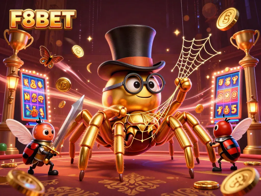 Experience F8BET with a vibrant casino scene featuring a golden tarantula, a beetle knight, and dynamic slot elements.