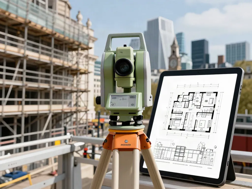 Measured Building Survey London showing a professional surveyor working with advanced equipment amidst an urban setting.