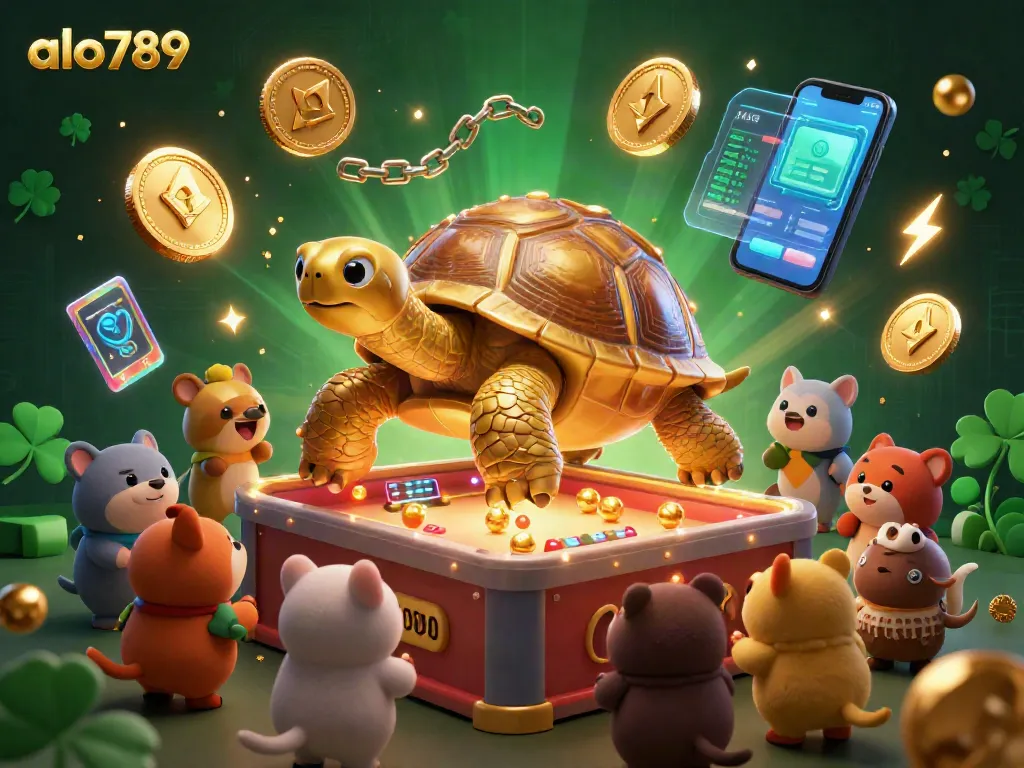 Engage with alo789's thrilling pinball adventure featuring a golden tortoise and crypto elements in vibrant 3D.