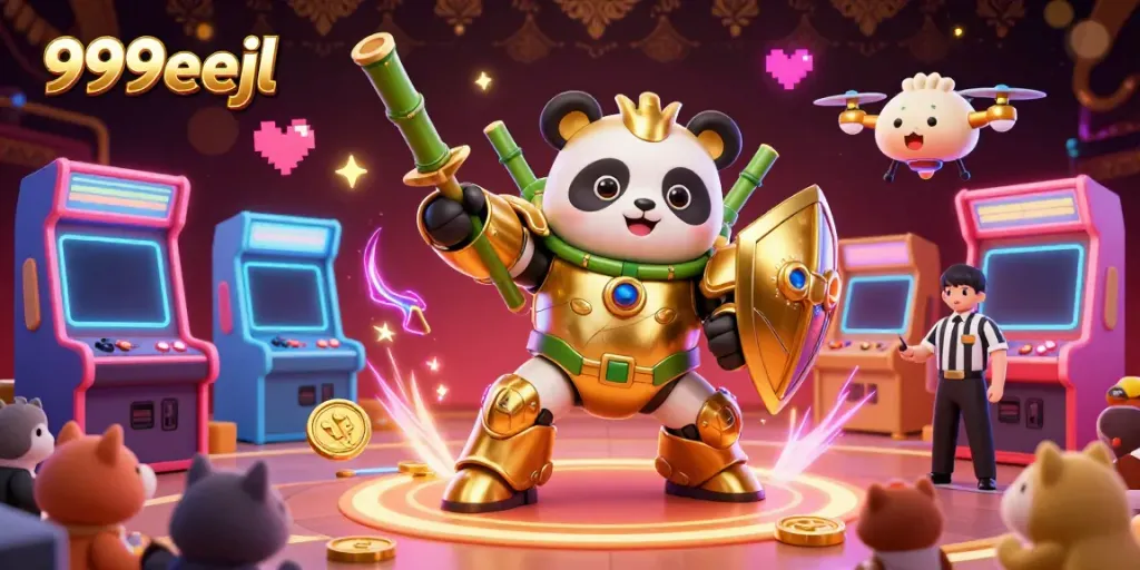 Engaging illustration of 999eejl, showing a mech-suit panda in a dynamic gaming arena with lively characters and glowing machines.