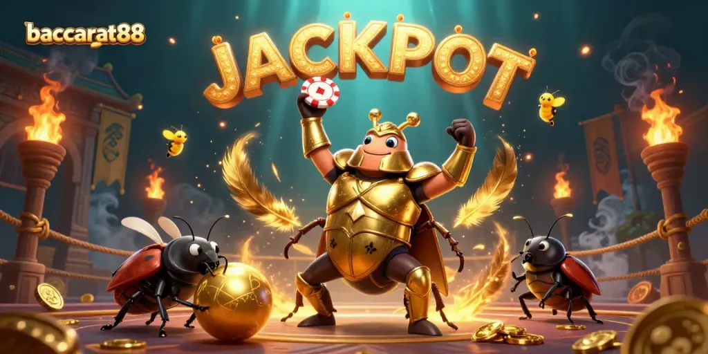 Baccarat88's animated gladiator beetle triumphs with a poker chip, showcasing vibrant casino elements.