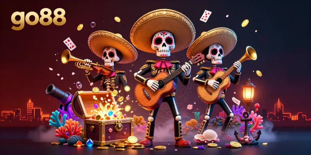 Experience the vibrant world of go88 with a lively mariachi band and exploding treasure in this captivating illustration.